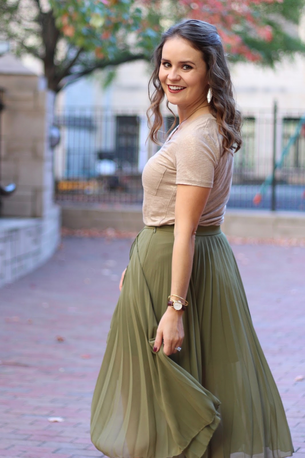 olive pleated skirt