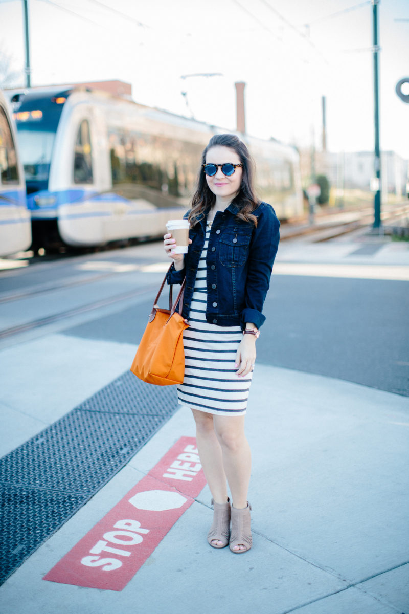 KUT from the Kloth denim jacket, casual spring outfit, Charlotte NC light rail 
