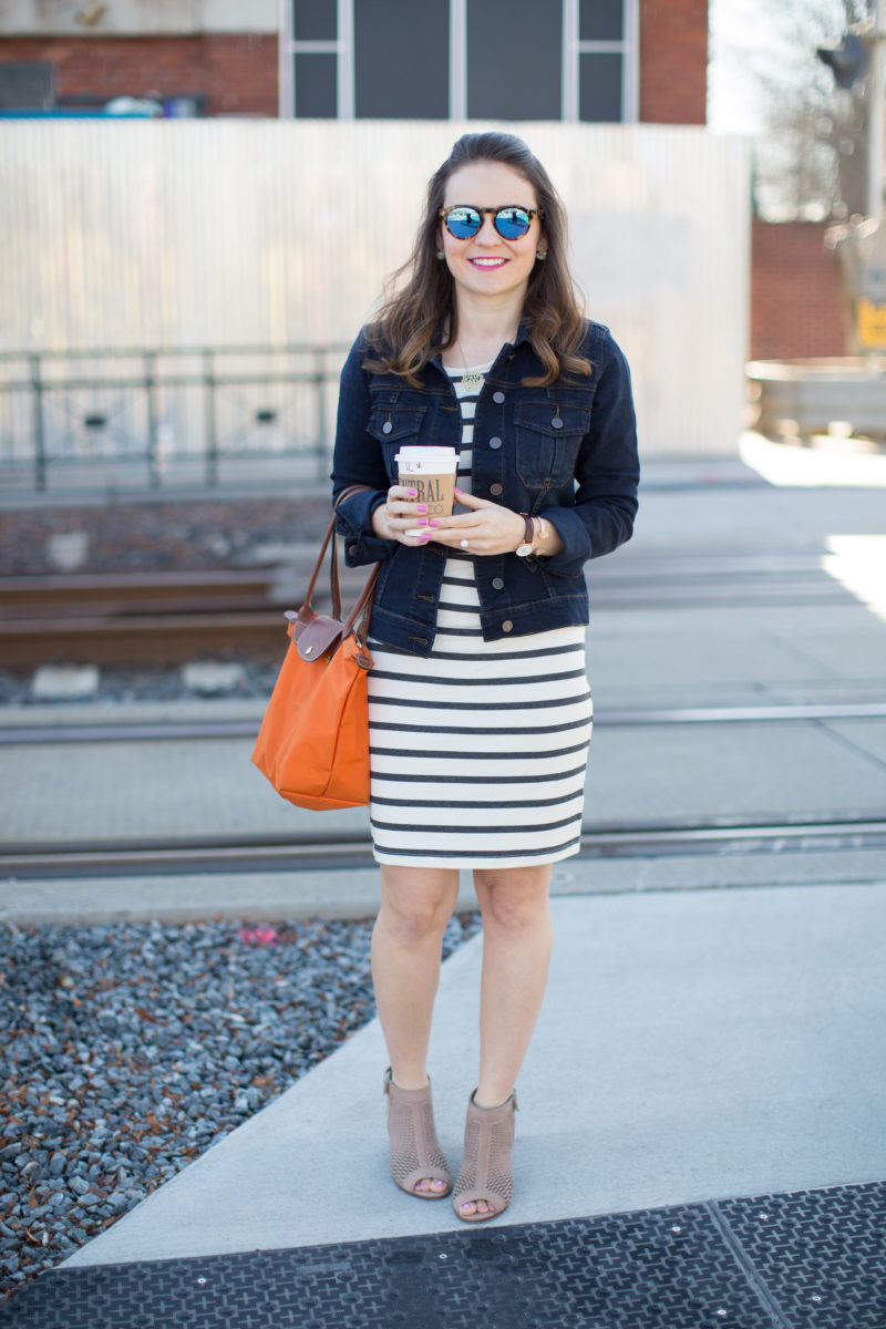 casual spring outfit, KUT from the Kloth amelia denim jacket, denim jacket and striped dress