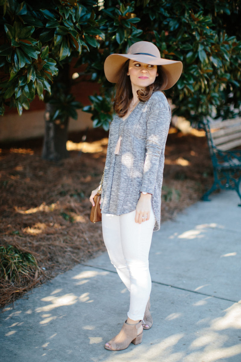 transitional spring outfit, white jeans, vince camuto peep toe booties, neutral spring outfit
