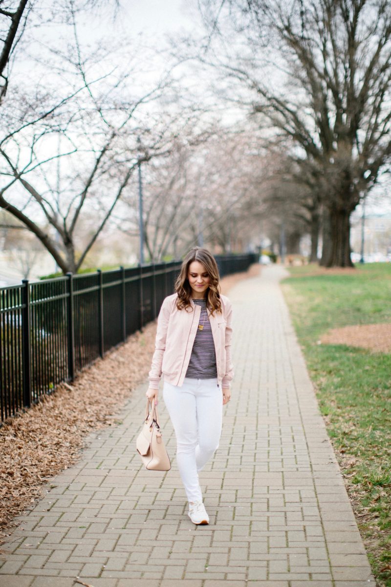 blush bomber jacket, casual spring outfit