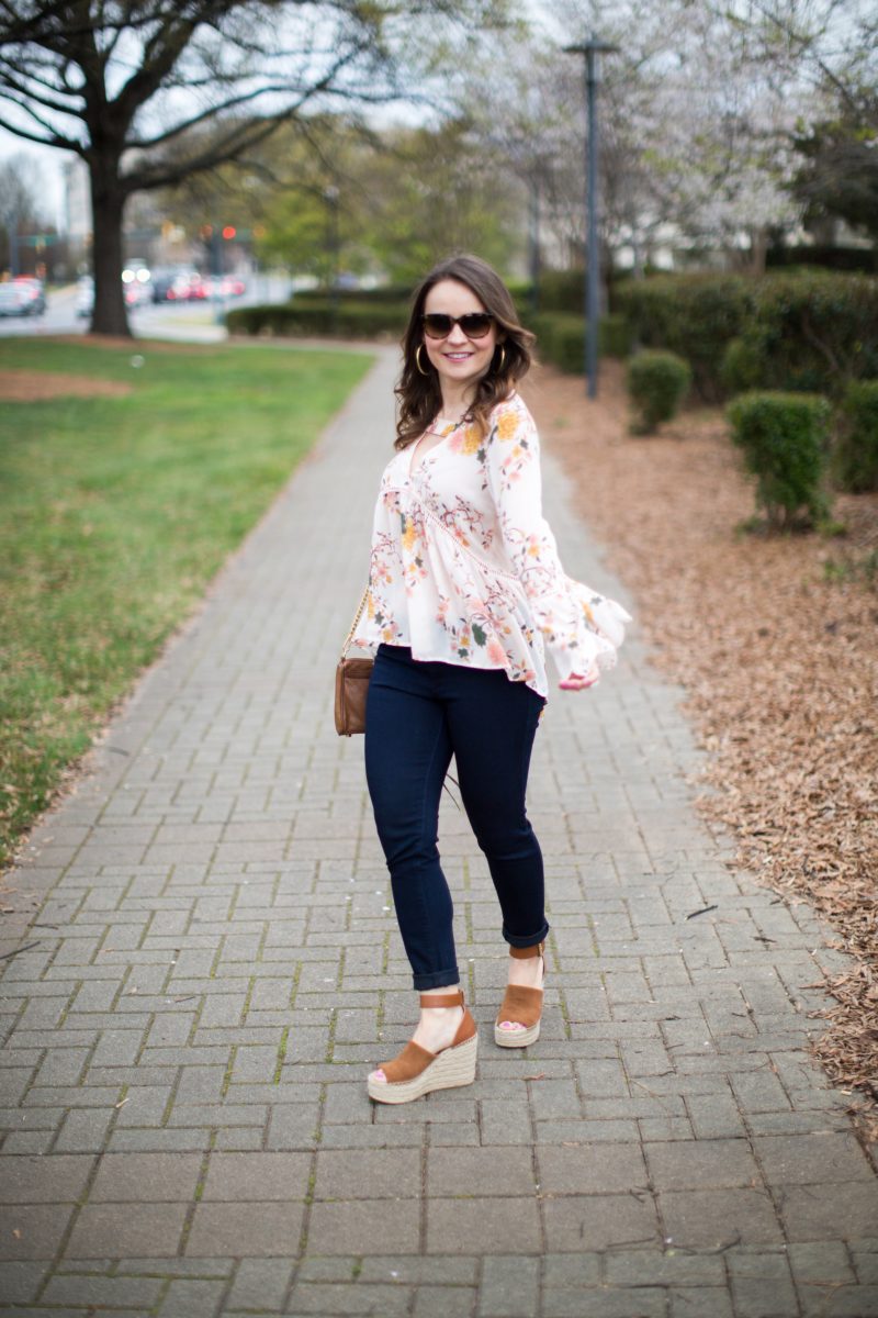 floral spring outfit, Marc Fisher wedges