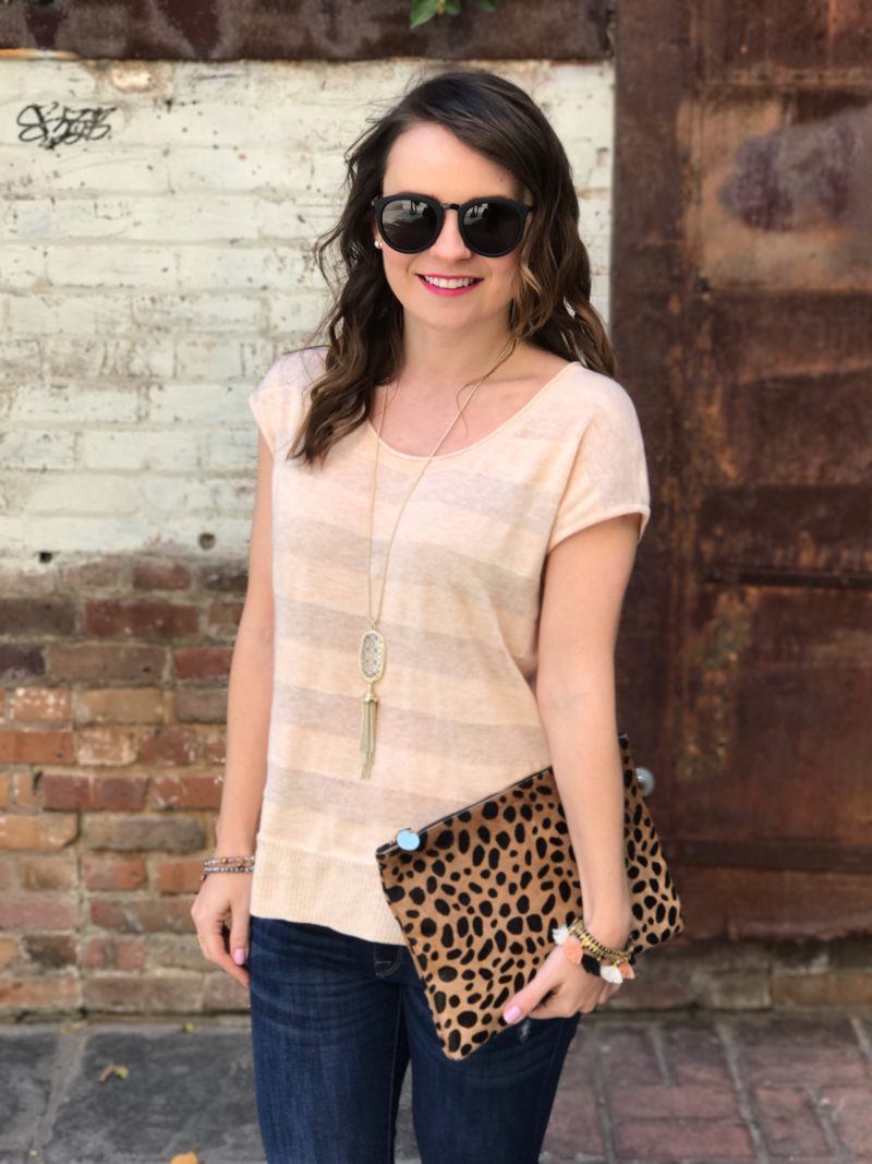 Lilla P scoop neck pullover, casual spring style, Clare V leopard clutch