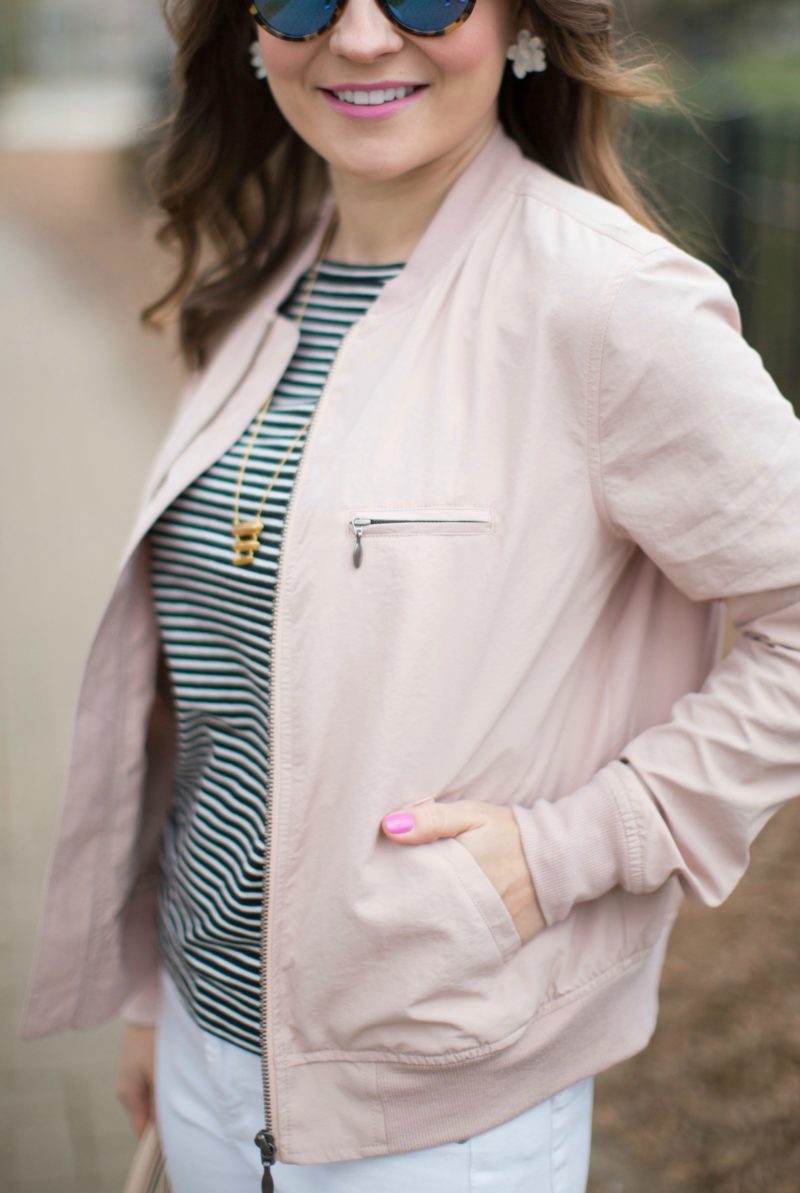 blush bomber jacket, striped tee, spring outfit