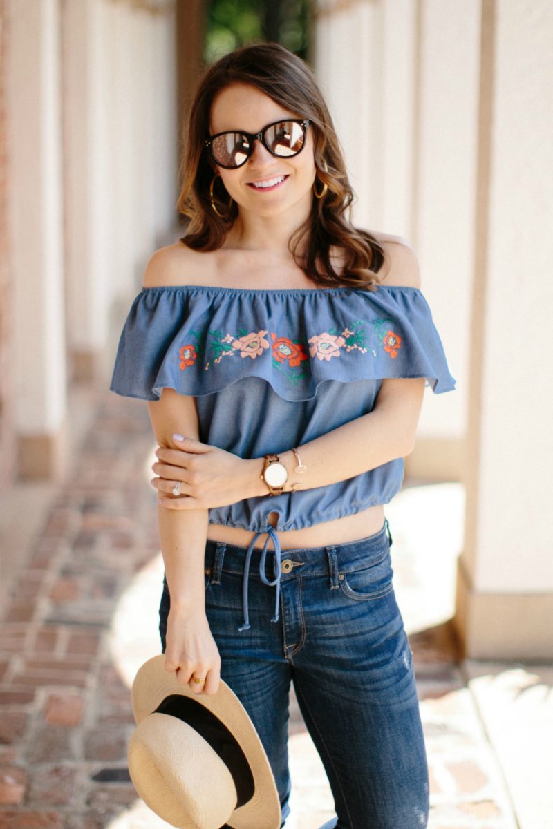 Everly off the shoulder crop top, embroidered chambray top