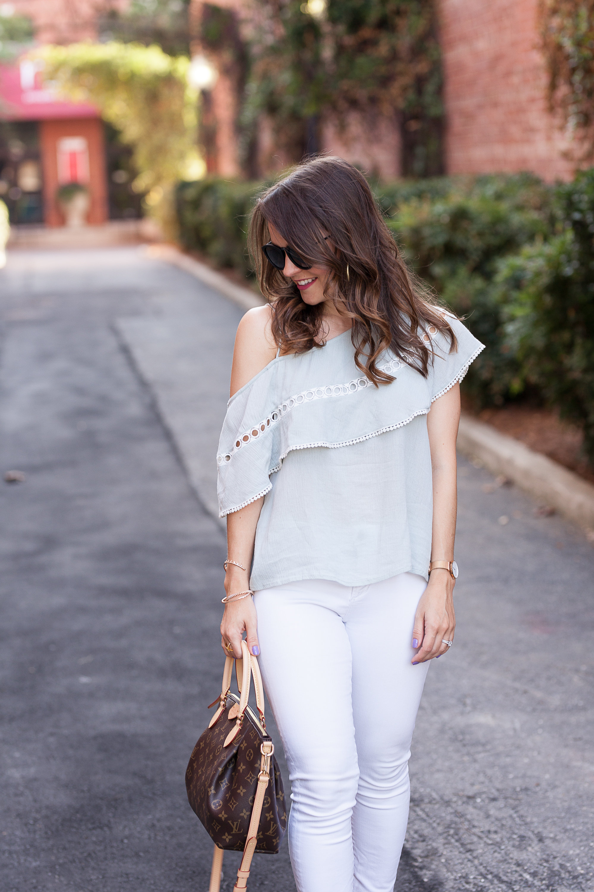 mint one shoulder top, affordable white jeans