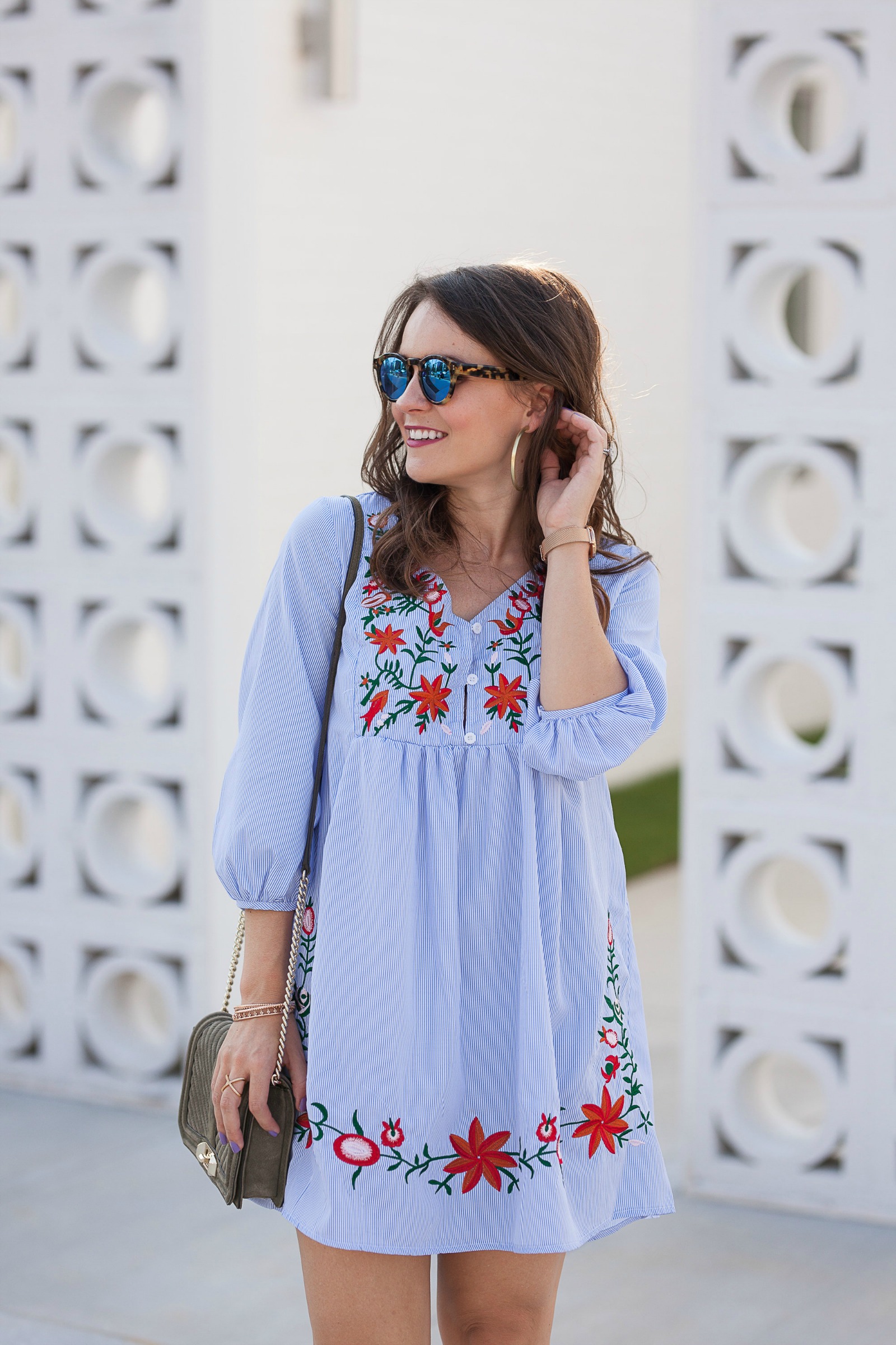 Striped Button Front Lantern Sleeve Embroidered Dress
