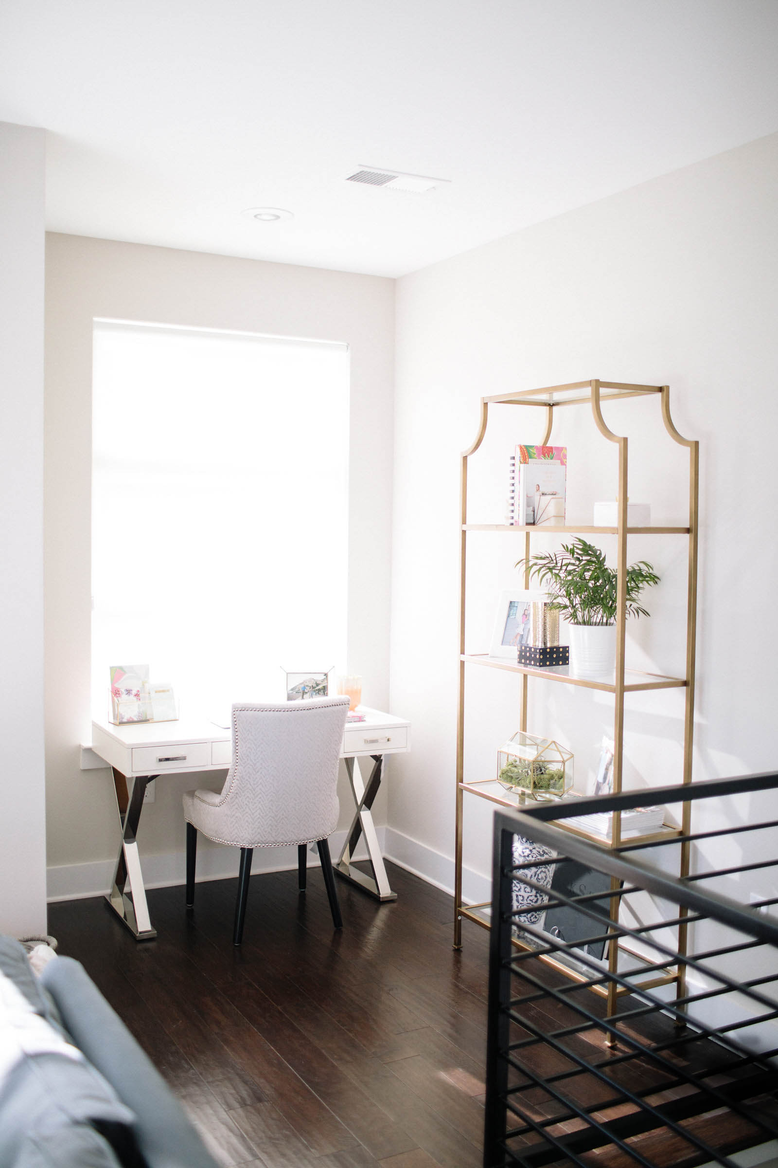 gold bookshelf, office decor