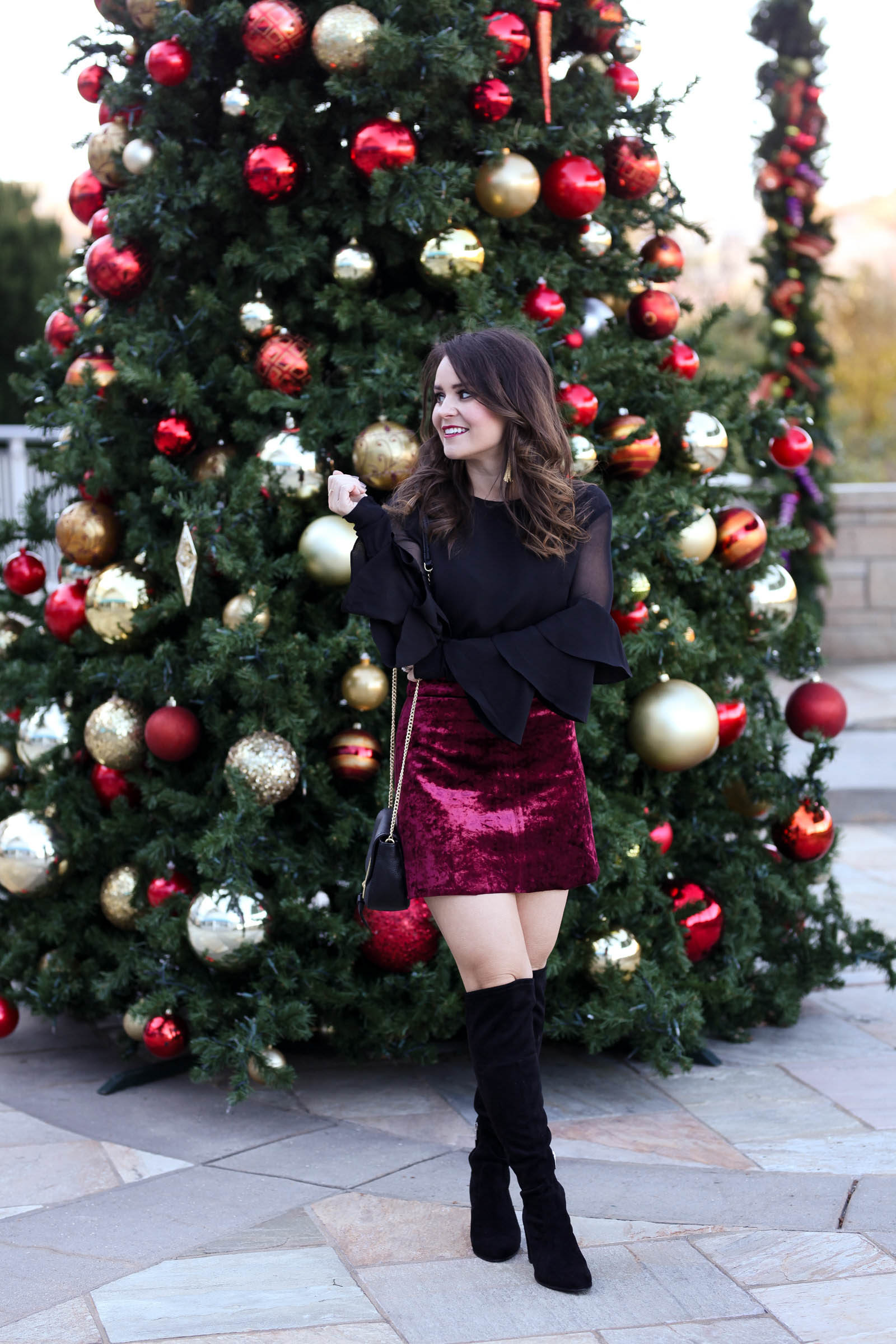 holiday party outfit, red velvet skirt