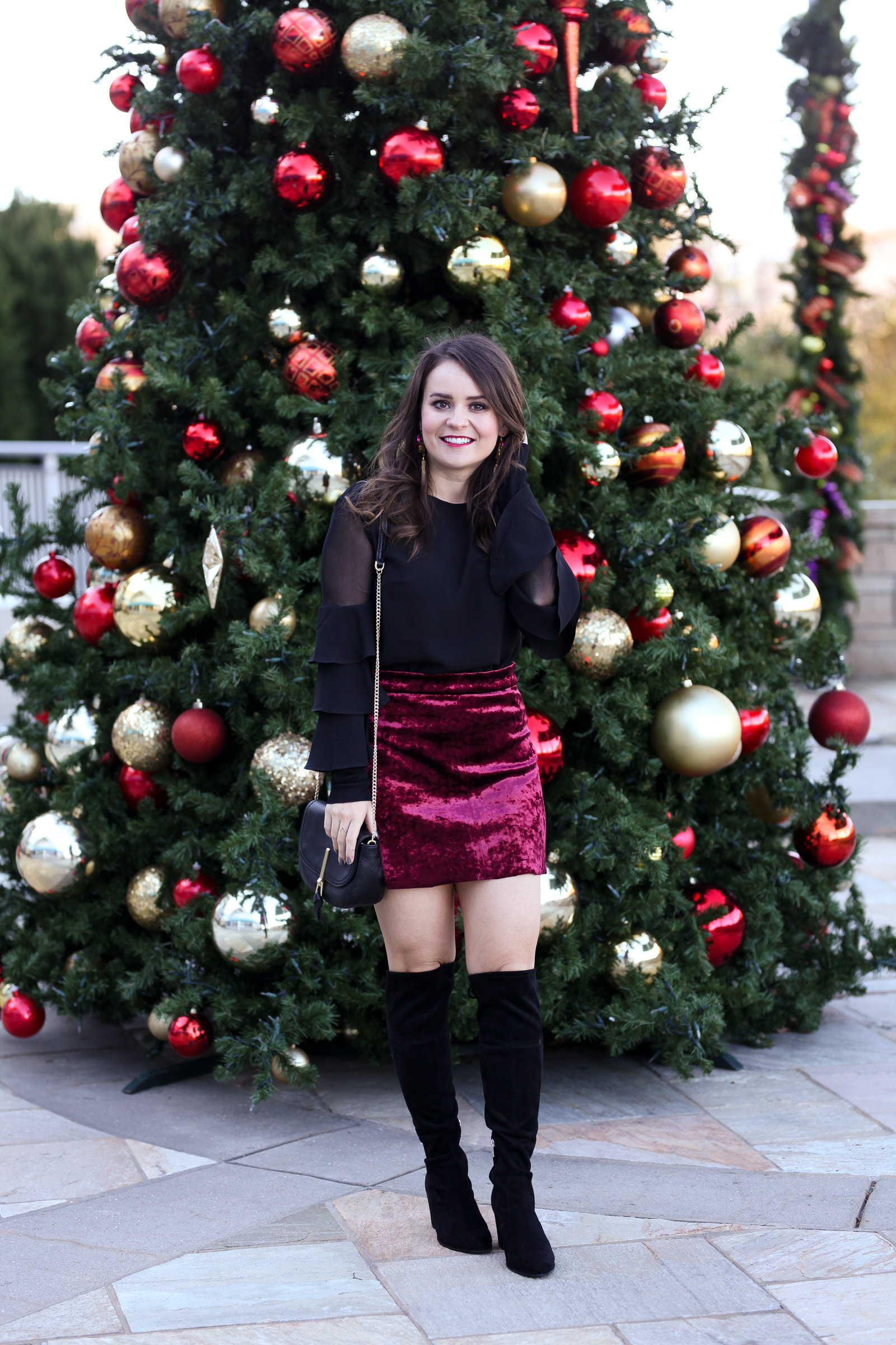 holiday party outfit, red velvet skirt