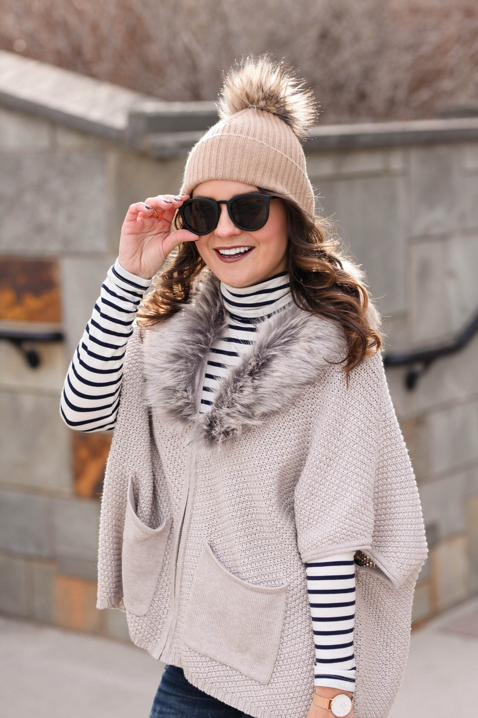 striped turtleneck and fur sweater, Carlie Caridigan with Faux Fur Collar