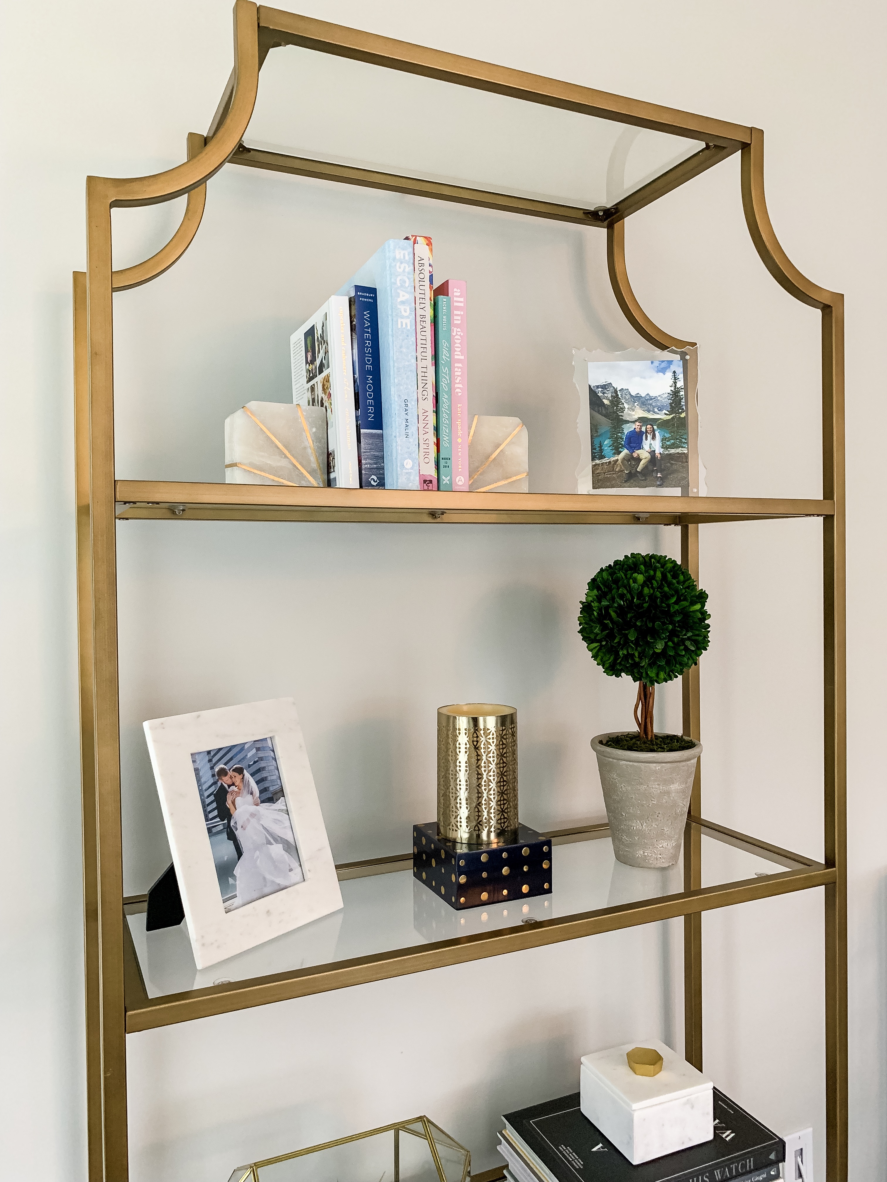 gold etagere, faux boxwood topiary
