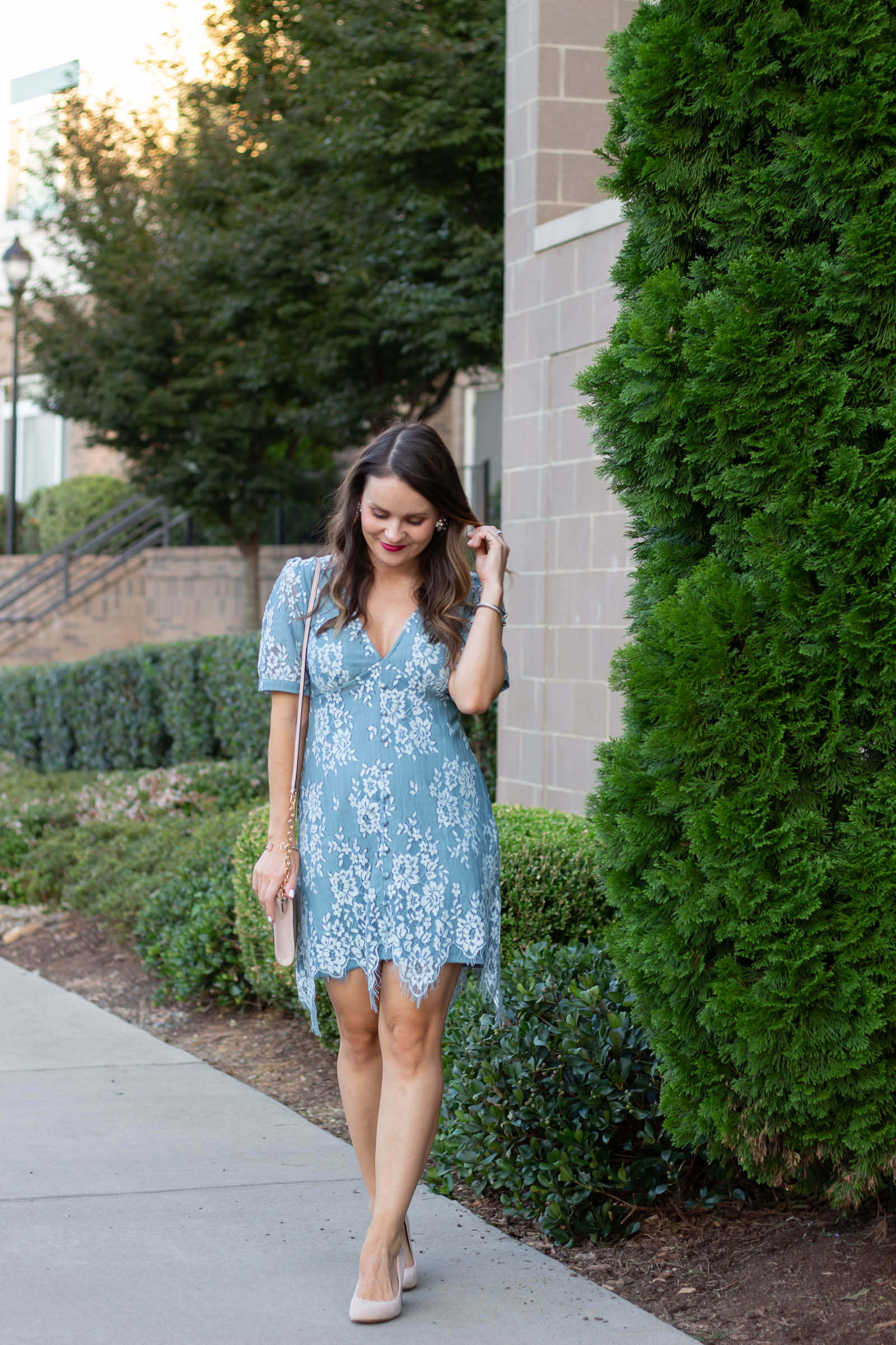 blue lace dress, ASOS DESIGN mini button through lace tea dress