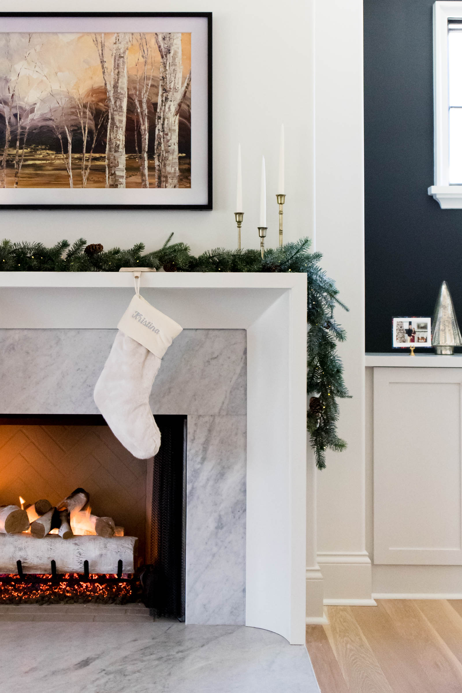 holiday mantel decor, Carrara marble fireplace surround