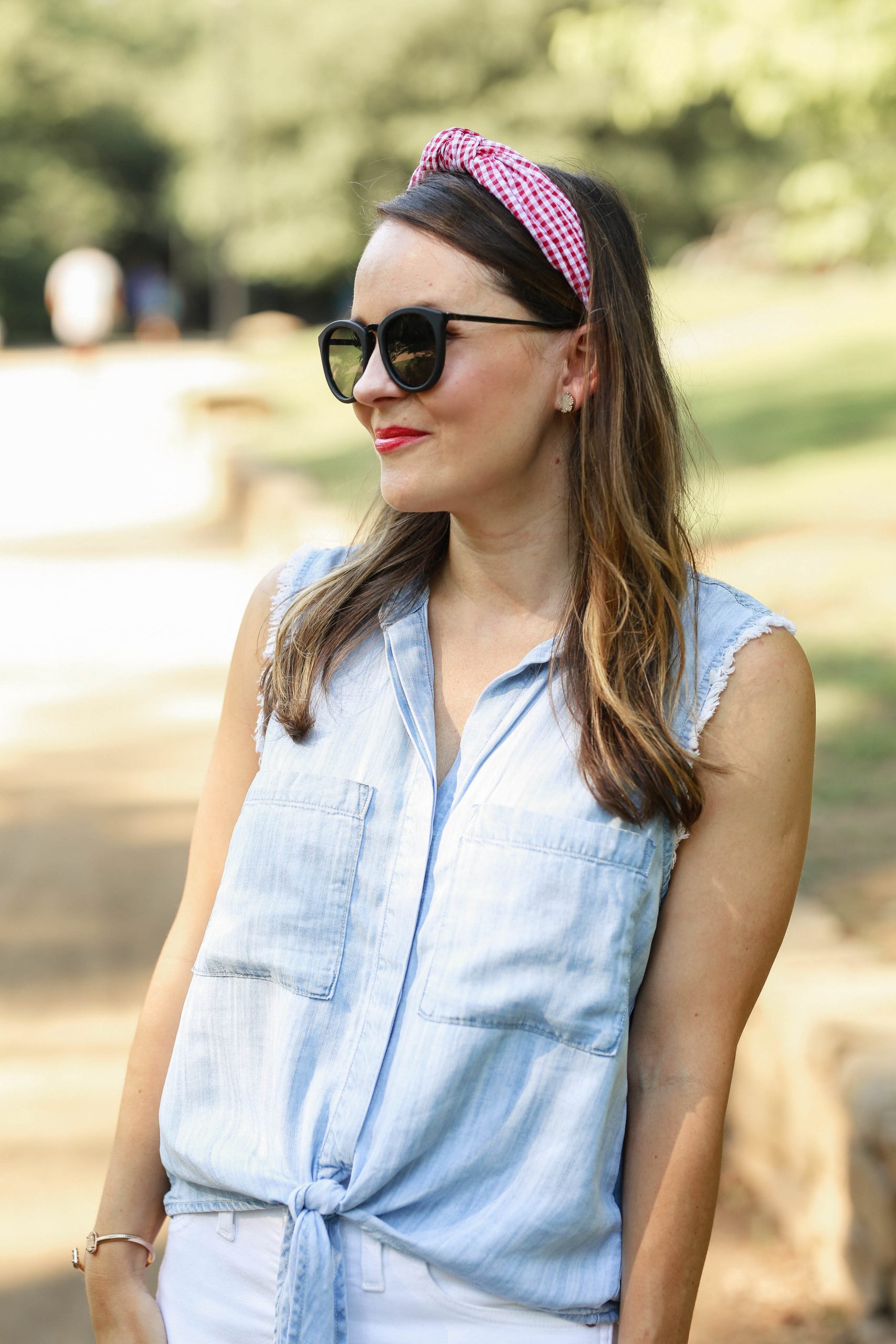 Cloth & Stone Tie-Front Chambray Buttondown, red gingham headband