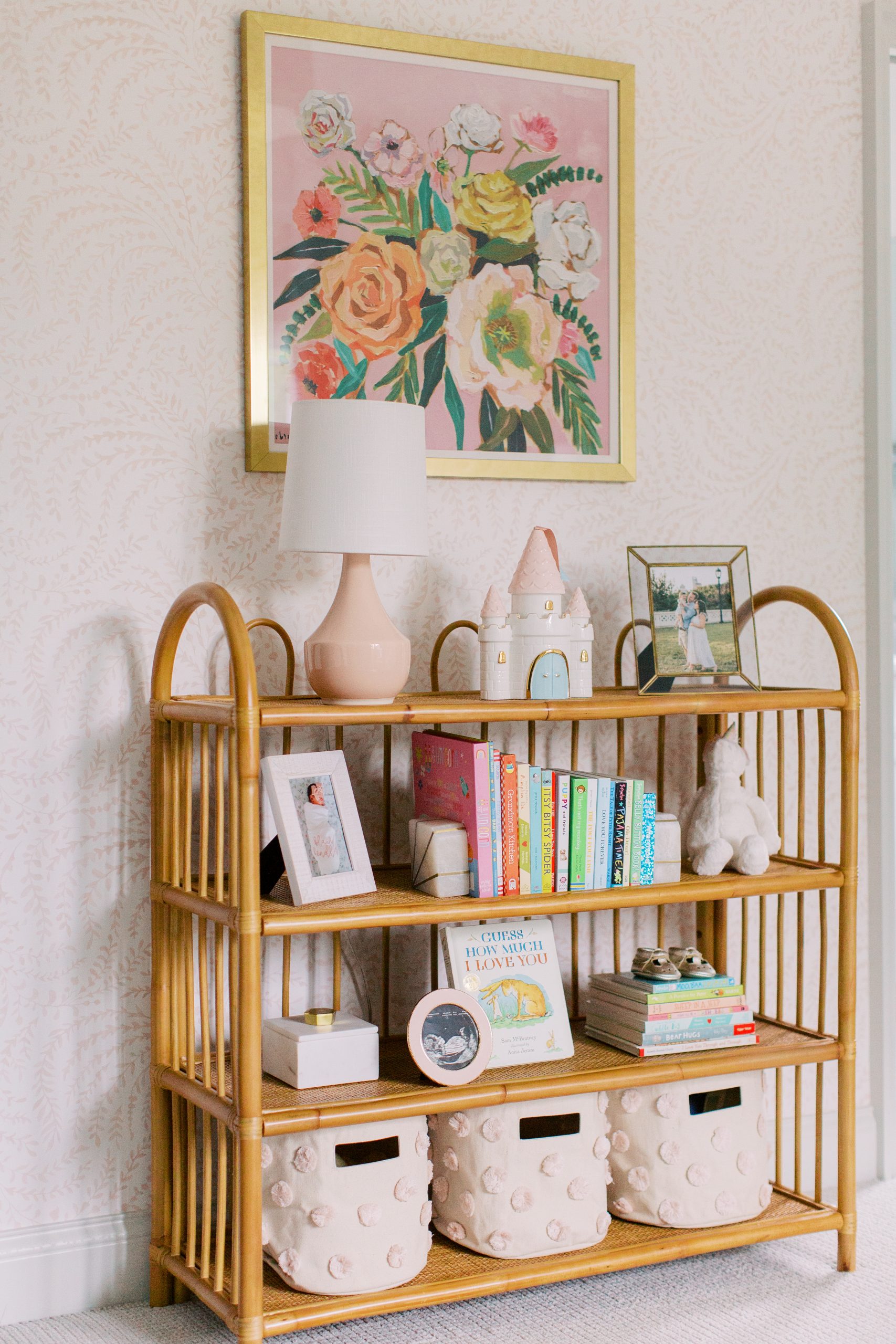 world market rattan bookshelf, c.brooke ring floral painting