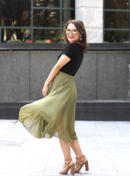 Olive Pleated Midi Skirt