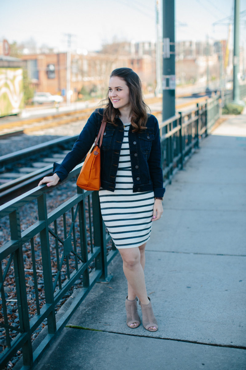 Black and white striped dress with denim jacket outlet