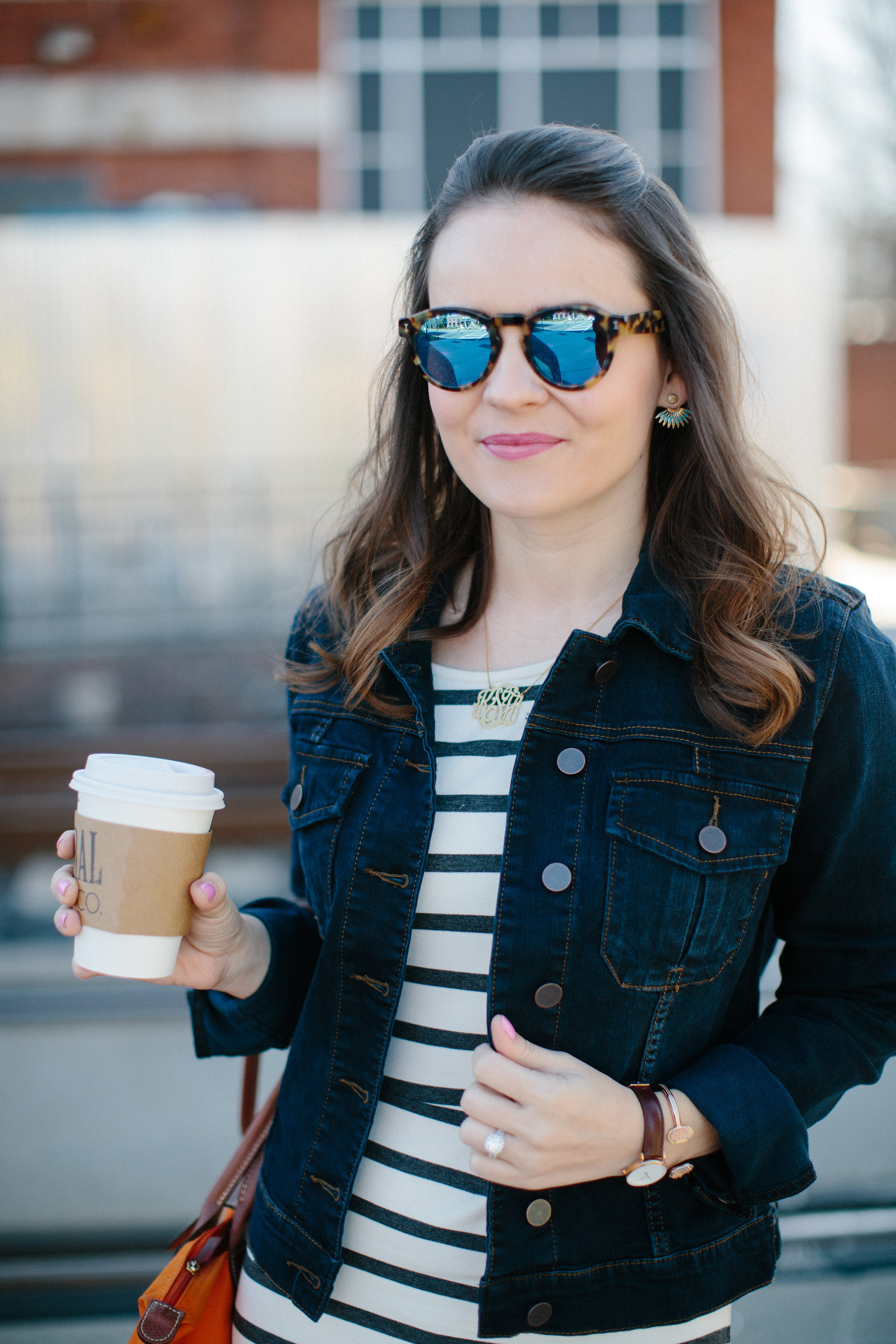 Denim jacket with striped dress 2025