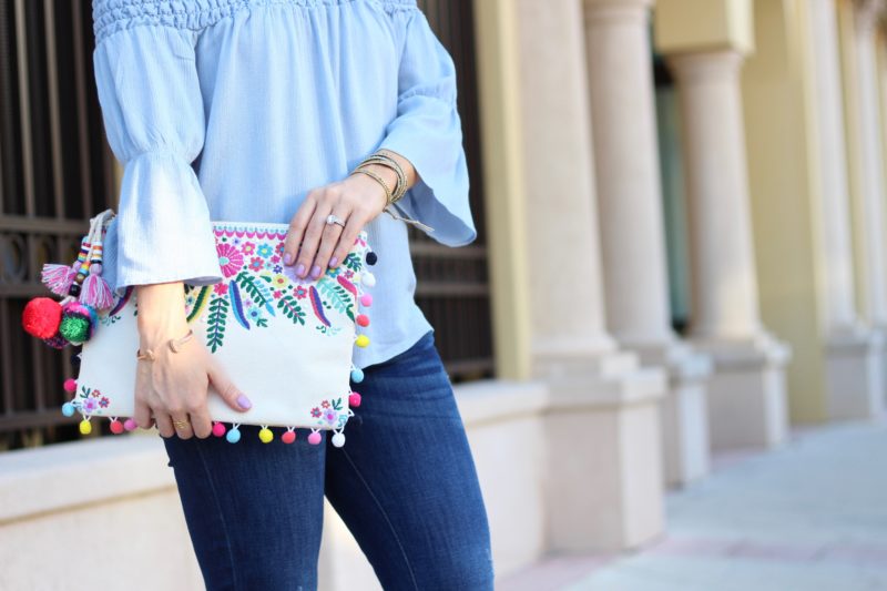 Steve Madden Embroidered Pom Pom Clutch Medicine Maniures