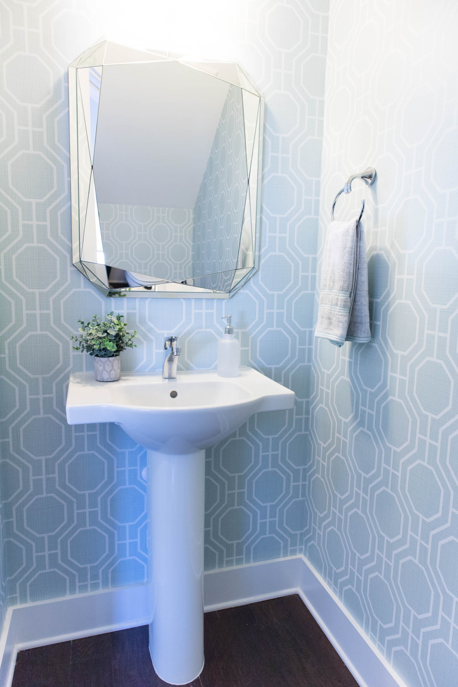 west elm faceted mirror, half bath