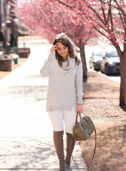 Grey Cowl Neck Sweater + Winter White Denim